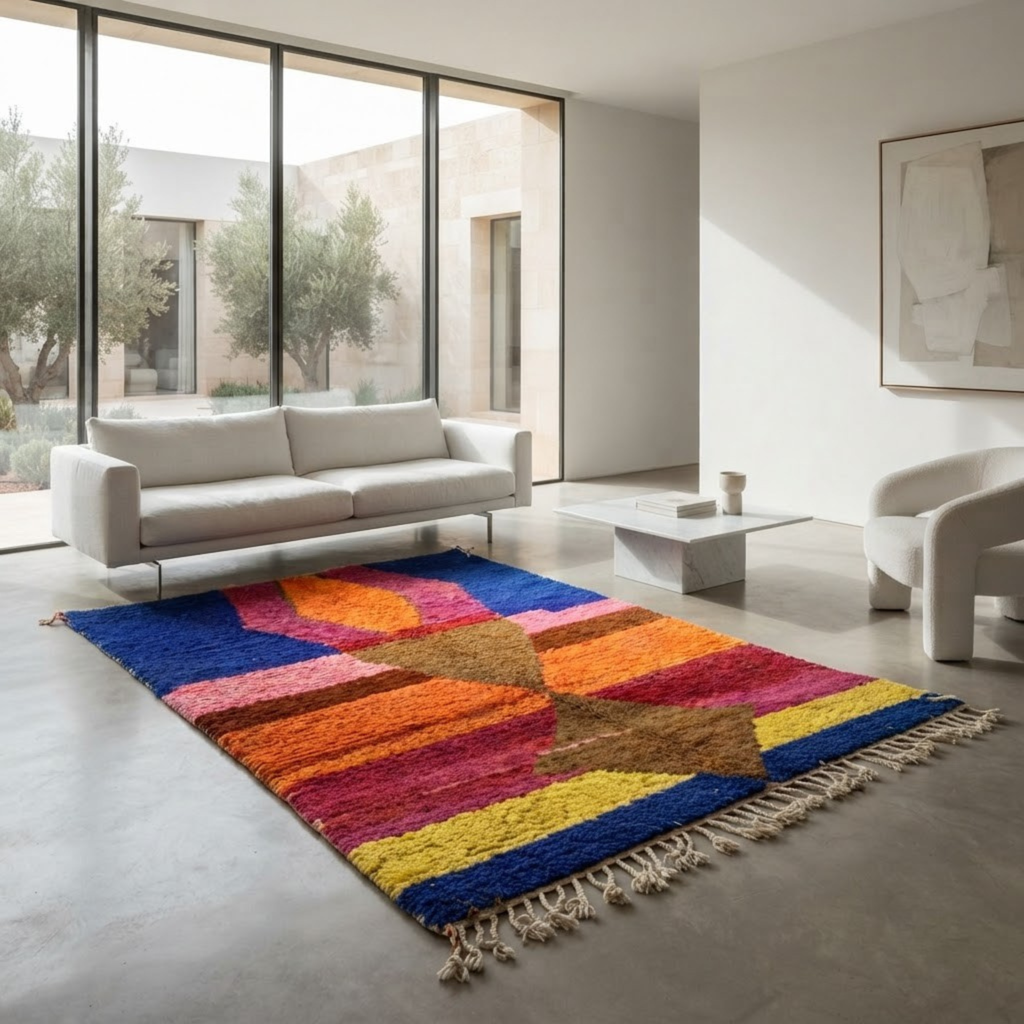 Handmade Moroccan Wool Rug Azilal / Boujaad Style | Central Totem Hourglass with Sunset Stripes & Cobalt Blue Atlas Carpet
