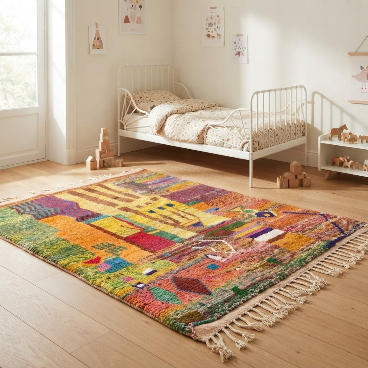 Handmade Moroccan Wool Rug Painterly Azilal Style | Abstract Expressionist Collage in Ochre, Terracotta & Jade Atlas Carpet