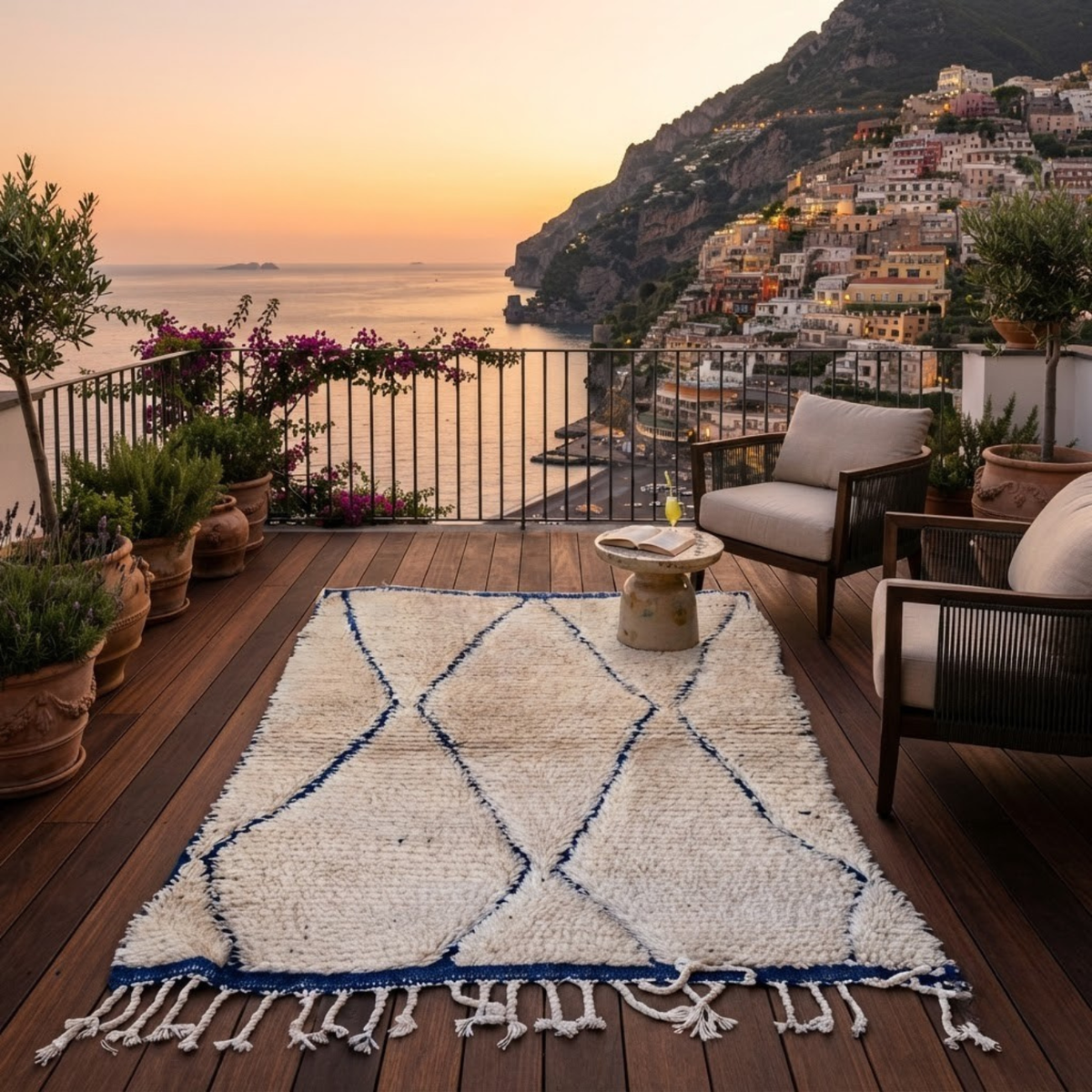 Handmade Moroccan Wool Rug Beni Ourain Style | Cobalt Blue Diamond Trellis on Natural Cream Atlas Carpet