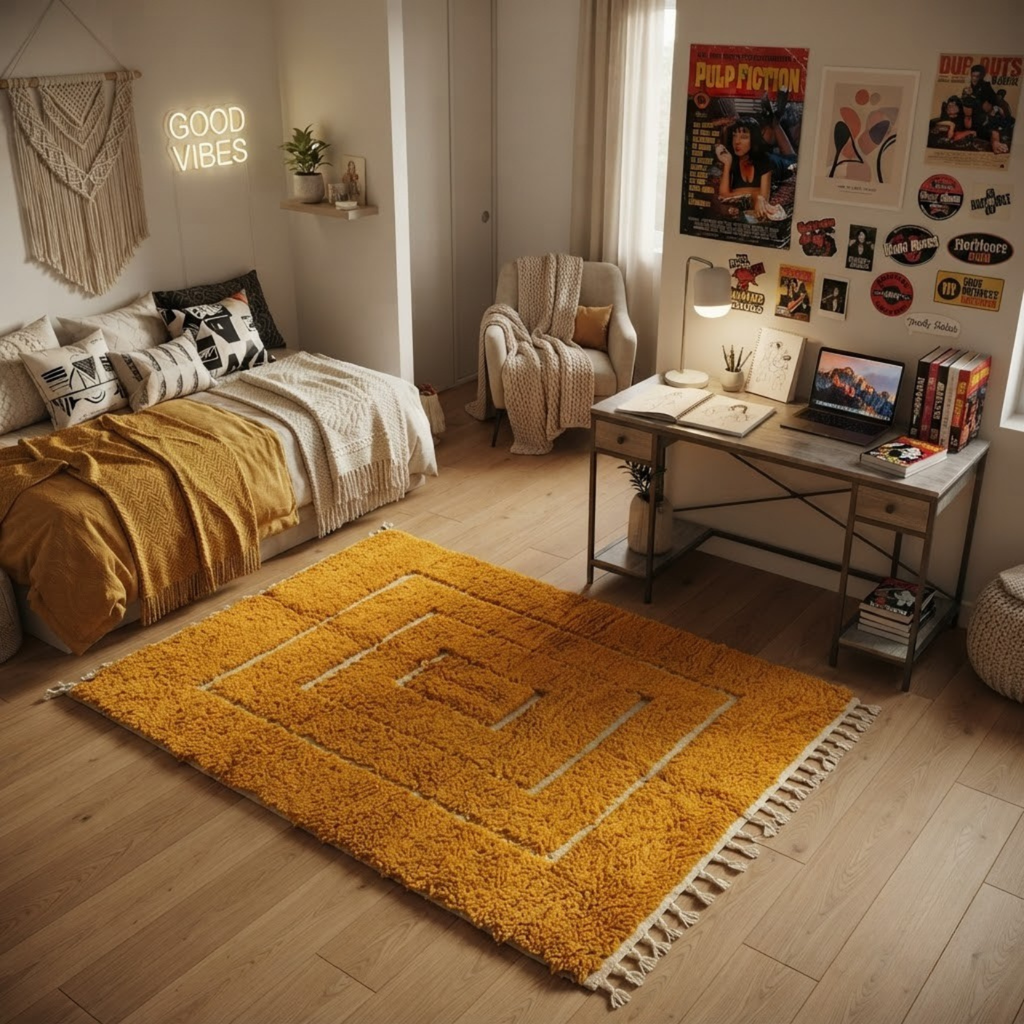 Handmade Moroccan Wool Rug Contemporary Beni Ourain Style | Concentric Rectangular Frames in Mustard Ochre & Ivory Atlas Carpet
