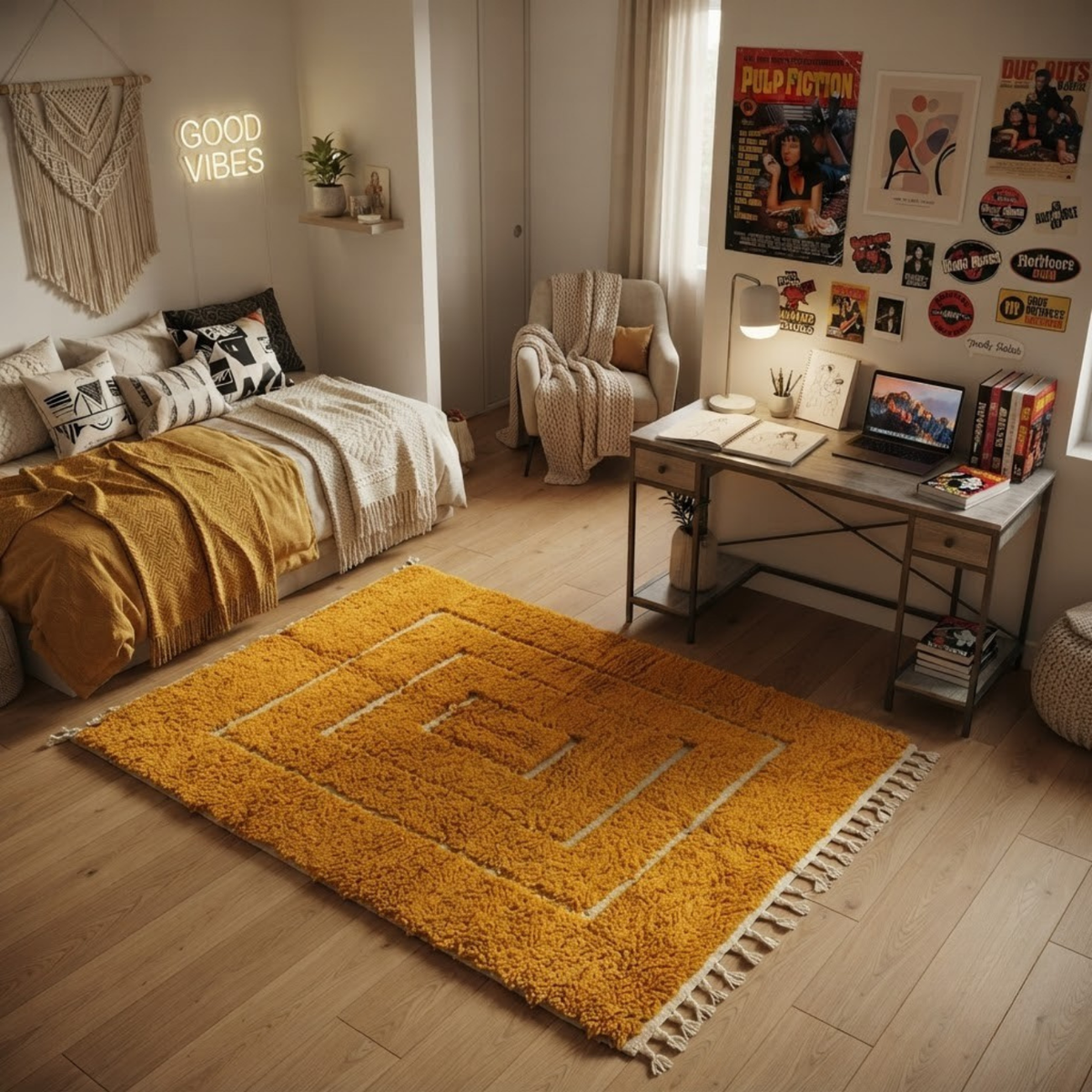Handmade Moroccan Wool Rug Contemporary Beni Ourain Style | Concentric Rectangular Frames in Mustard Ochre & Ivory Atlas Carpet