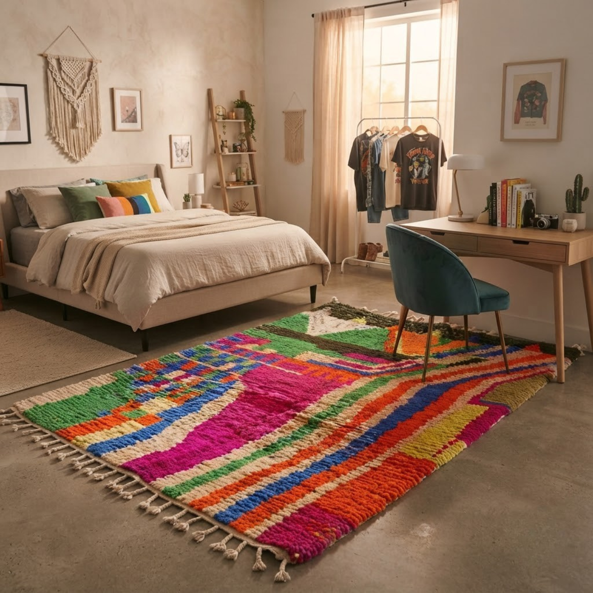 Handmade Moroccan Wool Rug Painterly Azilal / Boujaad Style | Abstract Expressionist Color Block in Fuchsia, Green & Orange Atlas Carpet