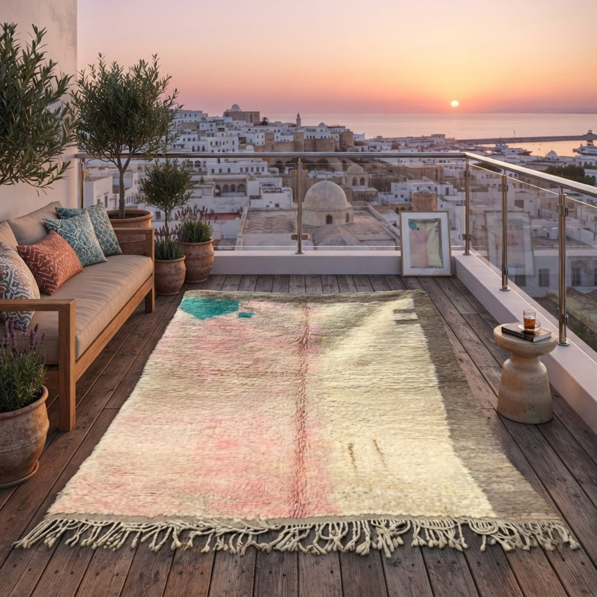 Handmade Moroccan Wool Rug Vintage Azilal / Boujaad Style | Abstract Pastel Blush, Emerald & Taupe Grey Atlas Carpet