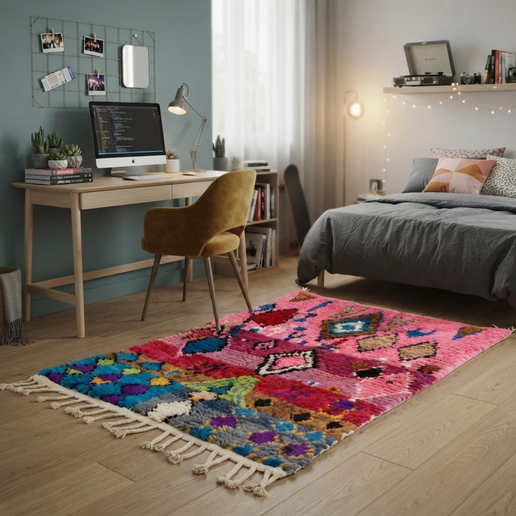 Handmade Moroccan Wool Rug Boujaad / Azilal Style | Tribal Diamond Talismans in Bubblegum Pink, Magenta & Turquoise Atlas Carpet