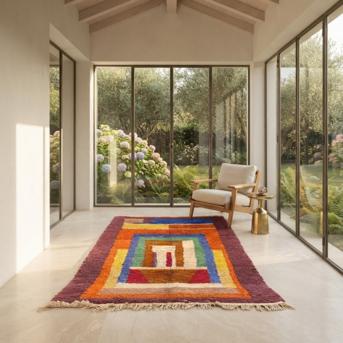 Handmade Moroccan Wool Rug Boujaad / Azilal Style | Concentric Portal Composition in Burnt Orange, Aubergine & Cobalt Blue Atlas Carpet