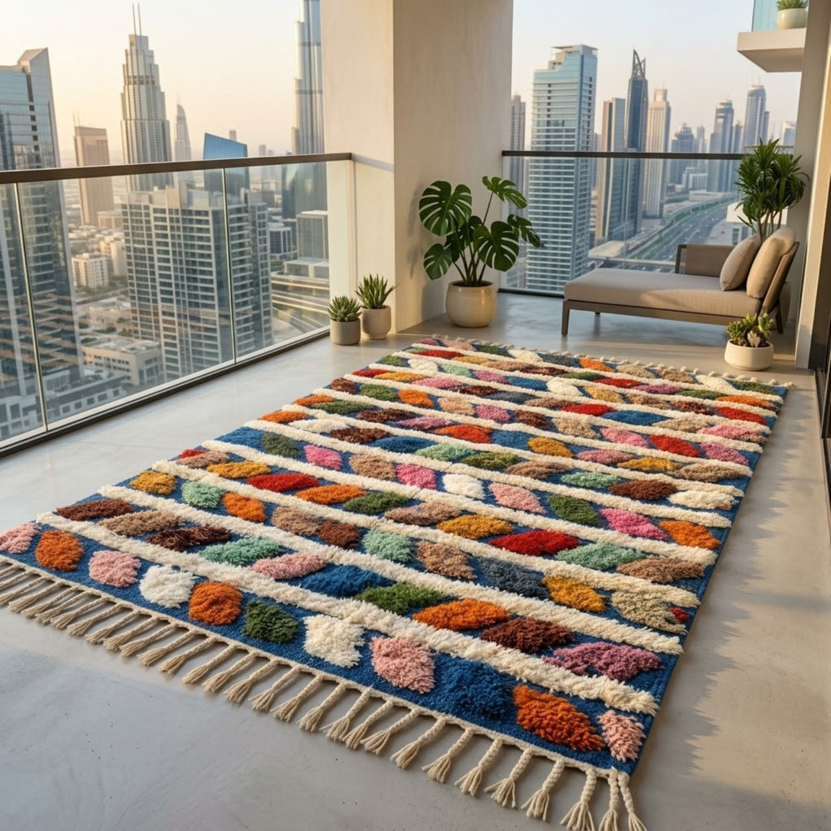 Handmade Moroccan Wool Rug Azilal Style | Multicolor Braided Herringbone on Ocean Blue & Ivory Atlas Carpet