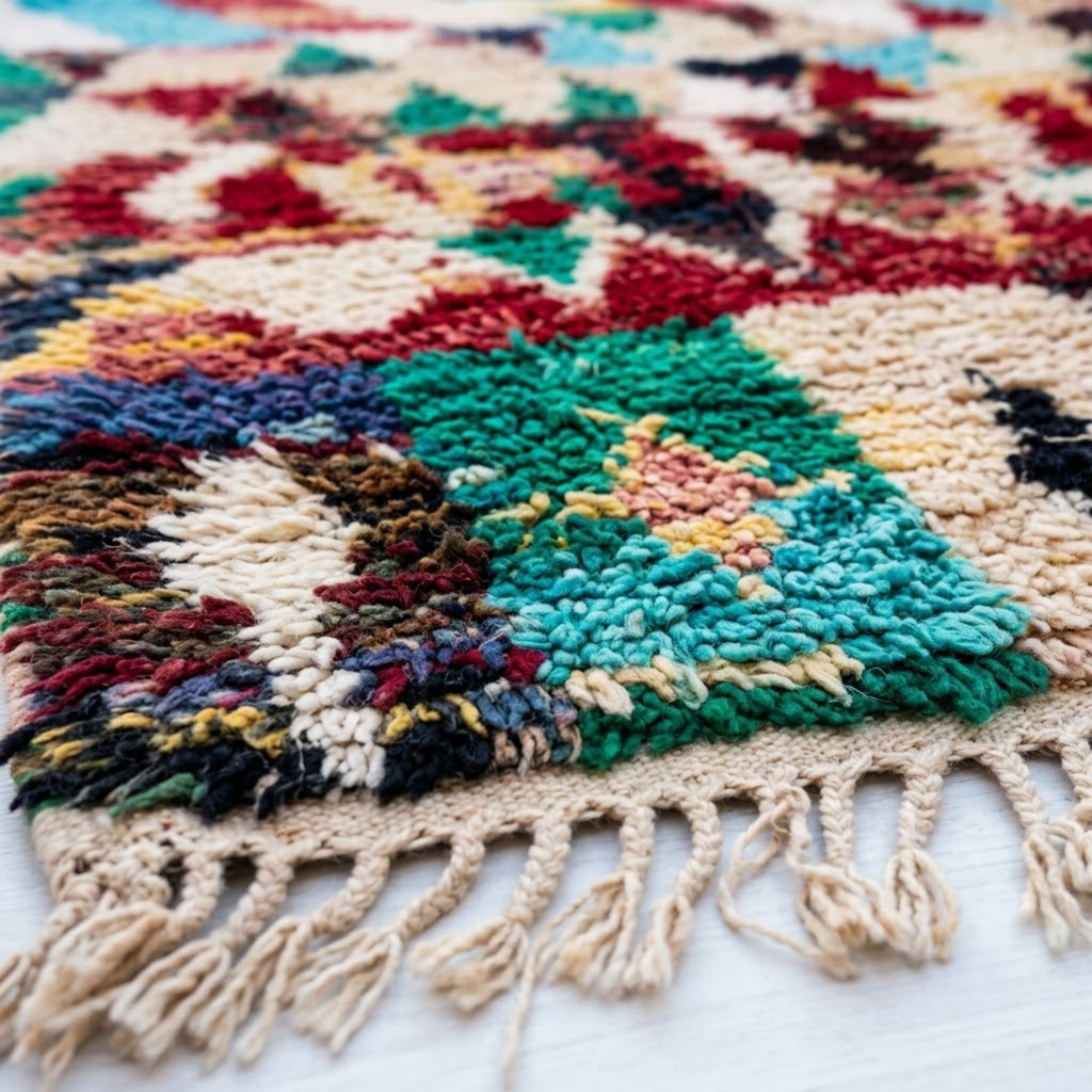 Handmade Moroccan Wool Rug Azilal Style | Vibrant Multicolor Tribal Chevron & Talisman Atlas Carpet