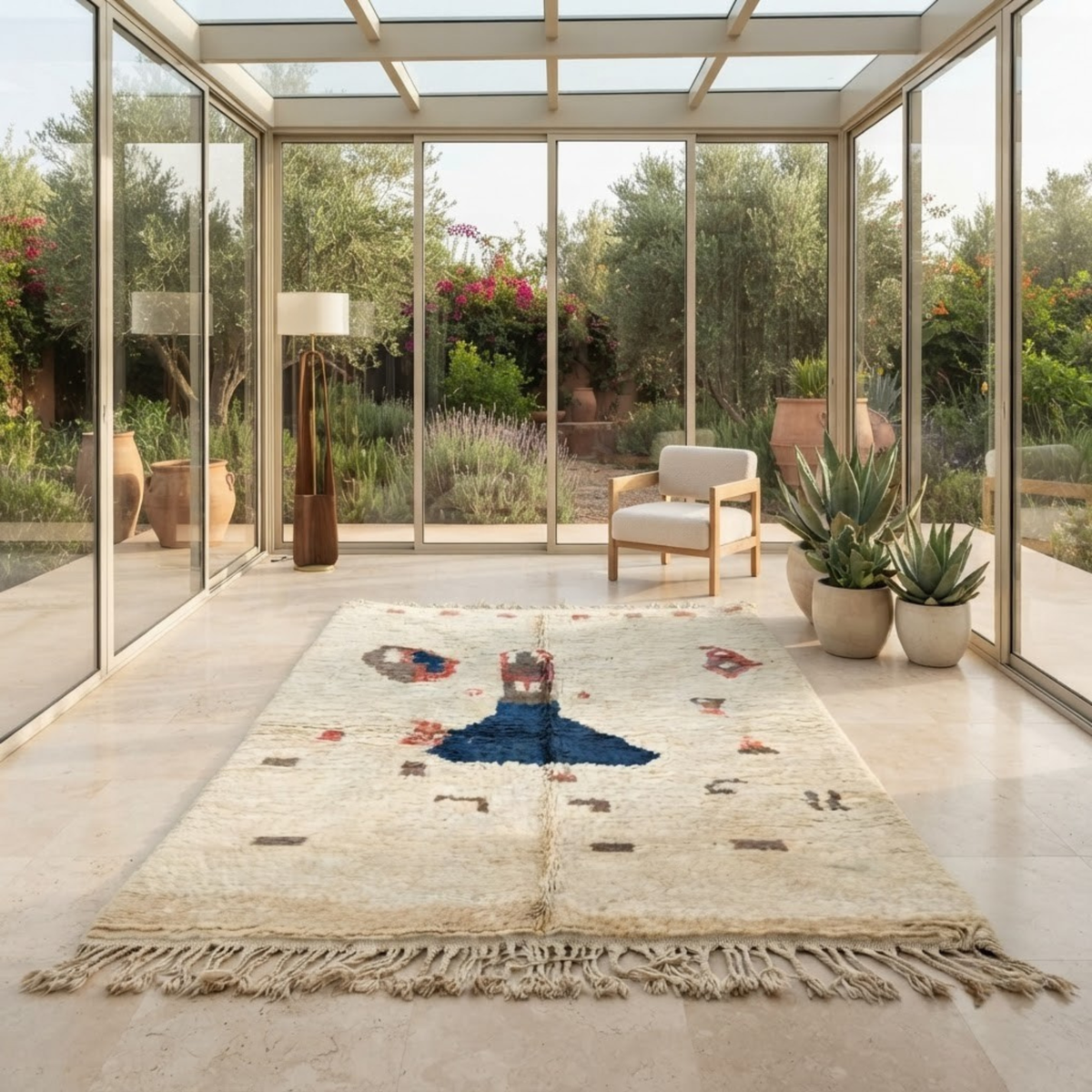 Handmade Moroccan Wool Rug Vintage Azilal Style | Central Totem Motif in Indigo Blue & Coral on Cream Atlas Carpet