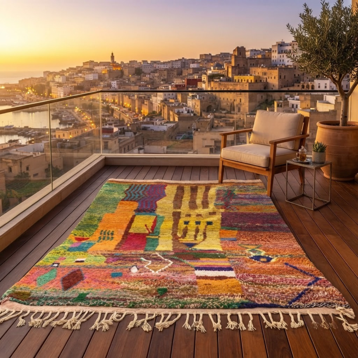 Handmade Moroccan Wool Rug Painterly Azilal Style | Abstract Expressionist Collage in Ochre, Terracotta & Jade Atlas Carpet