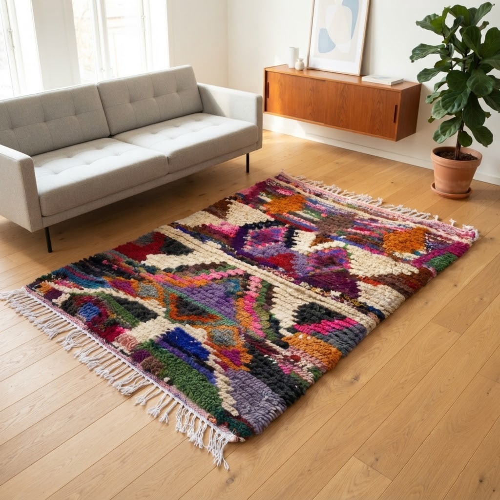 Handmade Moroccan Wool Rug Azilal / Boujaad Style | Sacred Tribal Pyramid & Diamond Motifs Atlas Carpet