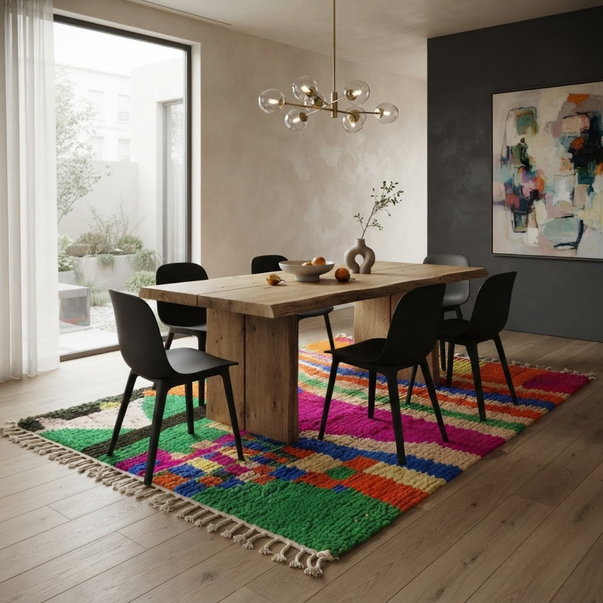Handmade Moroccan Wool Rug Painterly Azilal / Boujaad Style | Abstract Expressionist Color Block in Fuchsia, Green & Orange Atlas Carpet