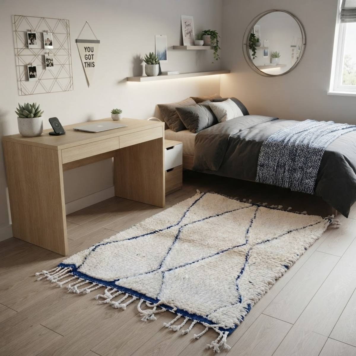 Handmade Moroccan Wool Rug Beni Ourain Style | Cobalt Blue Diamond Trellis on Natural Cream Atlas Carpet