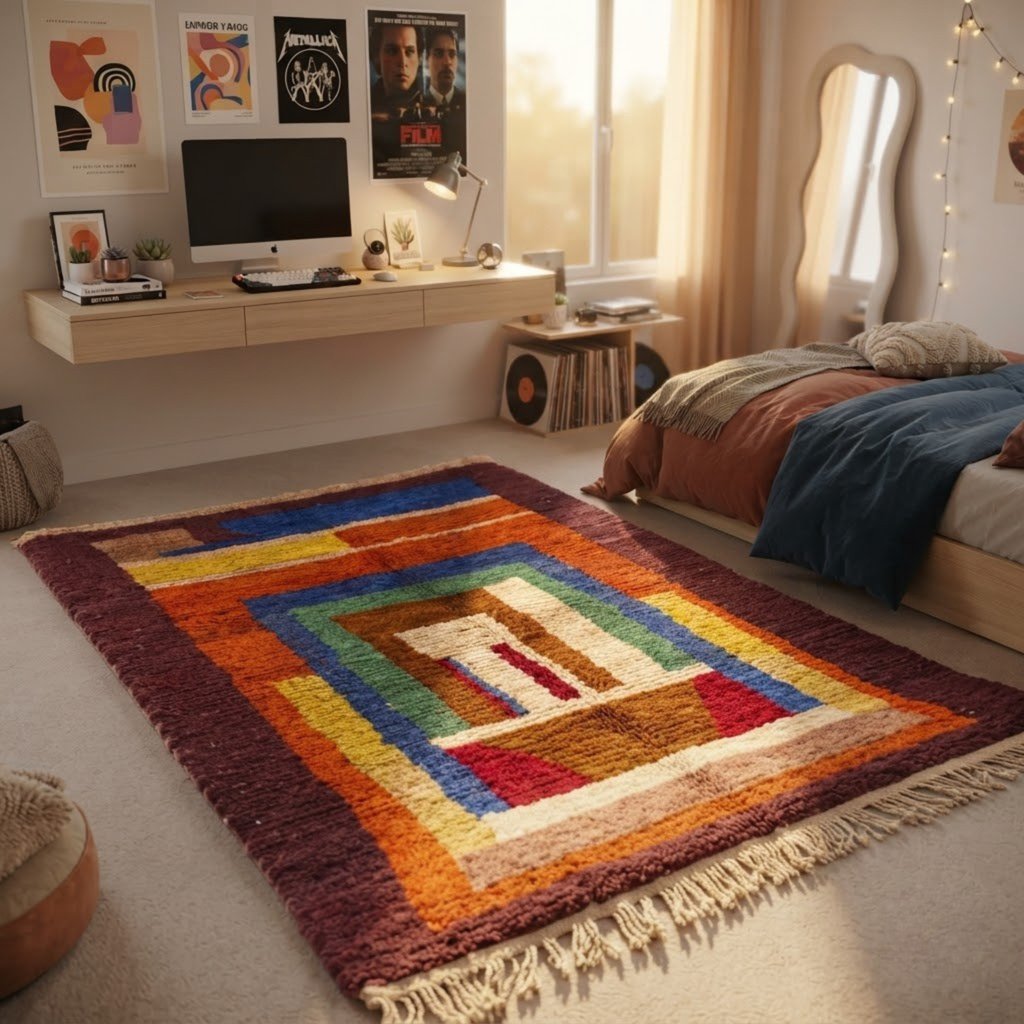 Handmade Moroccan Wool Rug Boujaad / Azilal Style | Concentric Portal Composition in Burnt Orange, Aubergine & Cobalt Blue Atlas Carpet