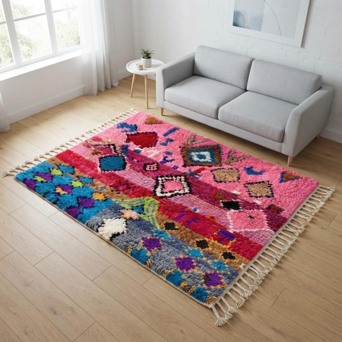Handmade Moroccan Wool Rug Boujaad / Azilal Style | Tribal Diamond Talismans in Bubblegum Pink, Magenta & Turquoise Atlas Carpet