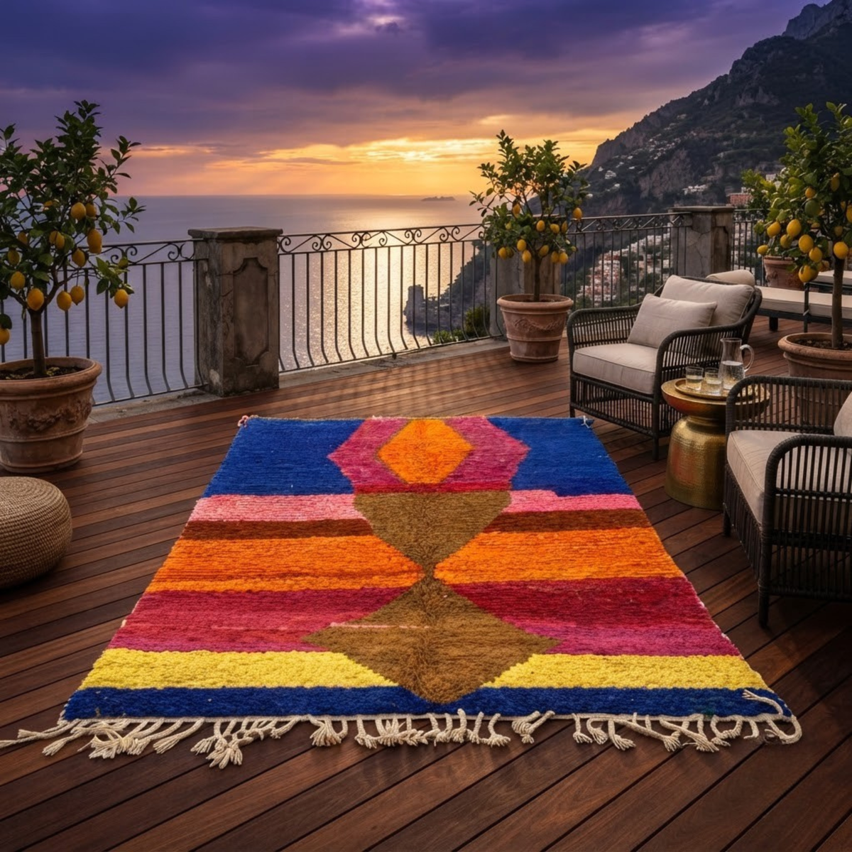 Handmade Moroccan Wool Rug Azilal / Boujaad Style | Central Totem Hourglass with Sunset Stripes & Cobalt Blue Atlas Carpet
