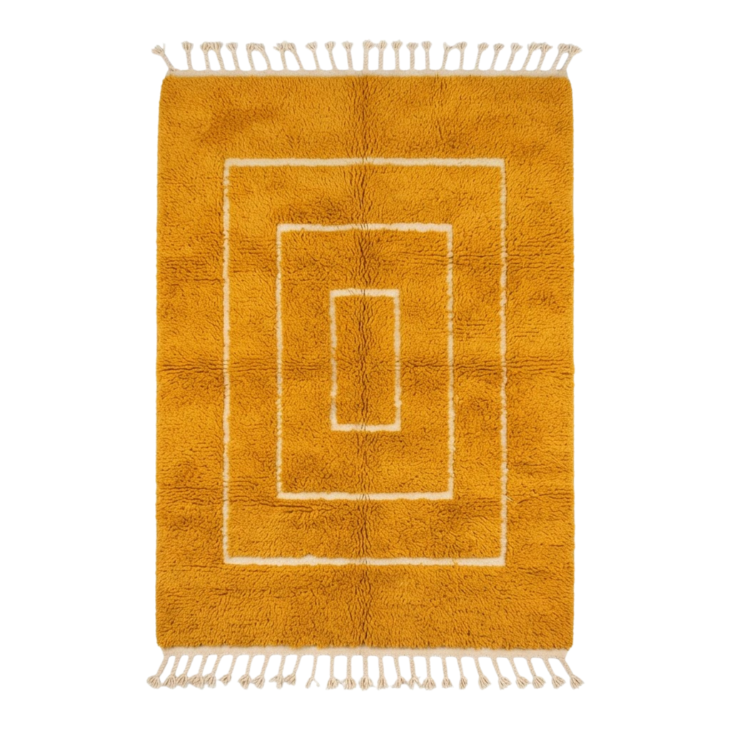 Handmade Moroccan Wool Rug Contemporary Beni Ourain Style | Concentric Rectangular Frames in Mustard Ochre & Ivory Atlas Carpet
