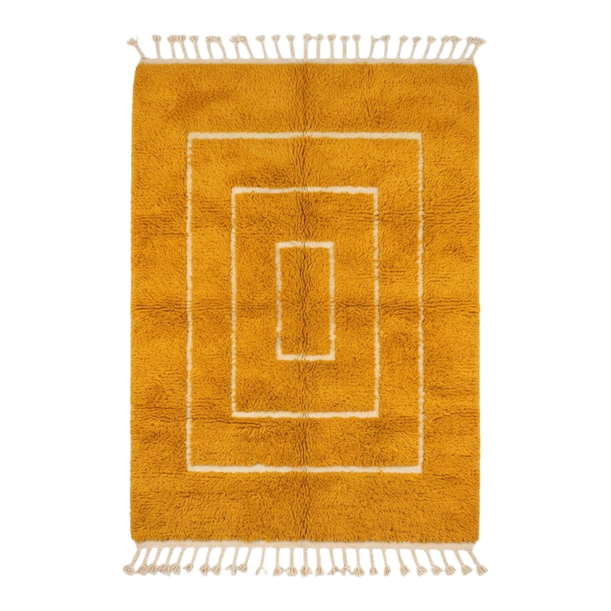 Handmade Moroccan Wool Rug Contemporary Beni Ourain Style | Concentric Rectangular Frames in Mustard Ochre & Ivory Atlas Carpet
