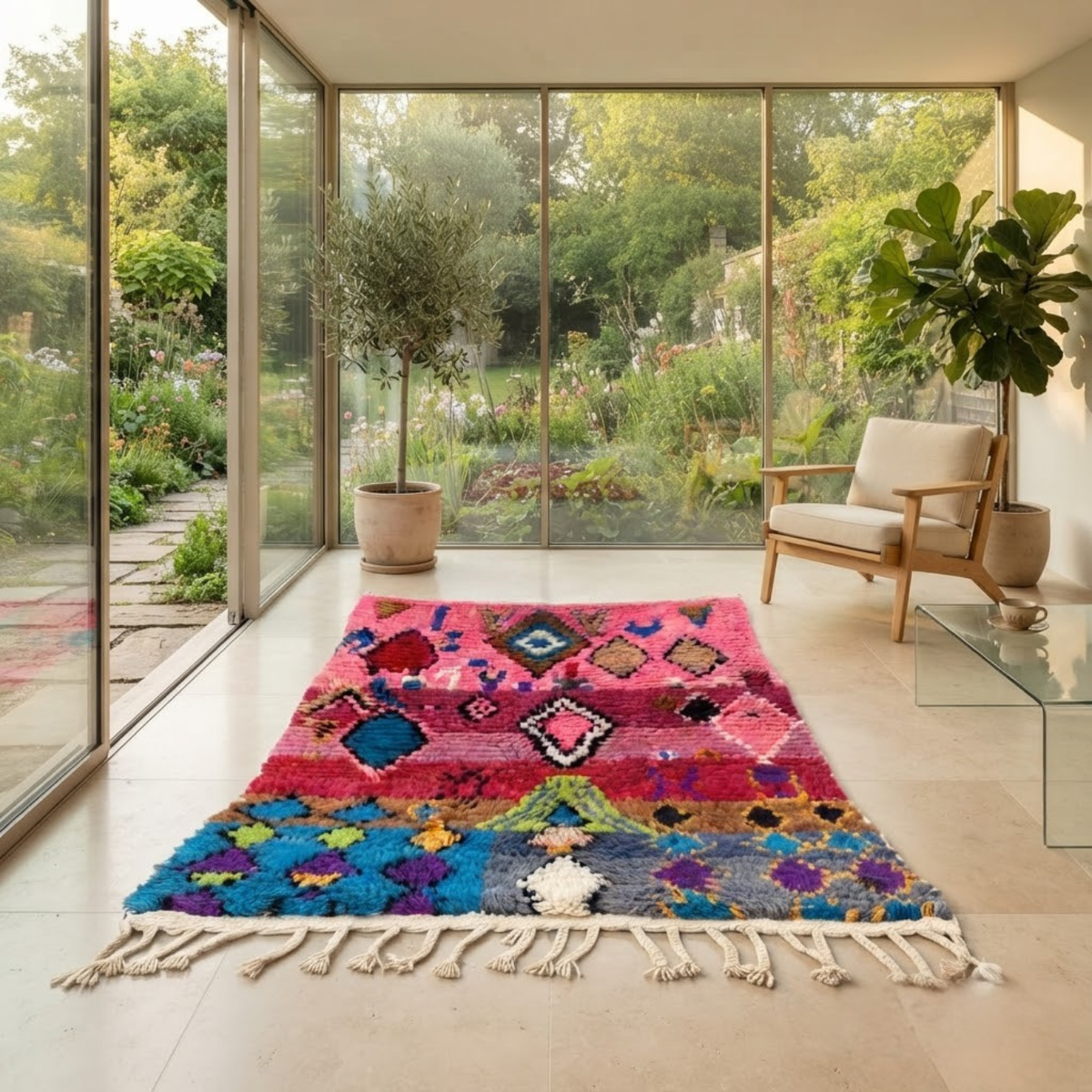 Handmade Moroccan Wool Rug Boujaad / Azilal Style | Tribal Diamond Talismans in Bubblegum Pink, Magenta & Turquoise Atlas Carpet