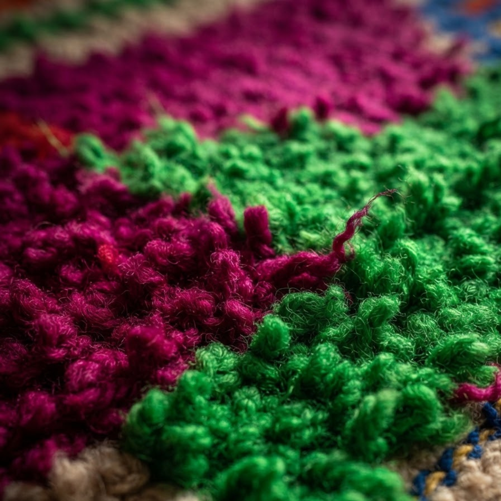 Handmade Moroccan Wool Rug Painterly Azilal / Boujaad Style | Abstract Expressionist Color Block in Fuchsia, Green & Orange Atlas Carpet