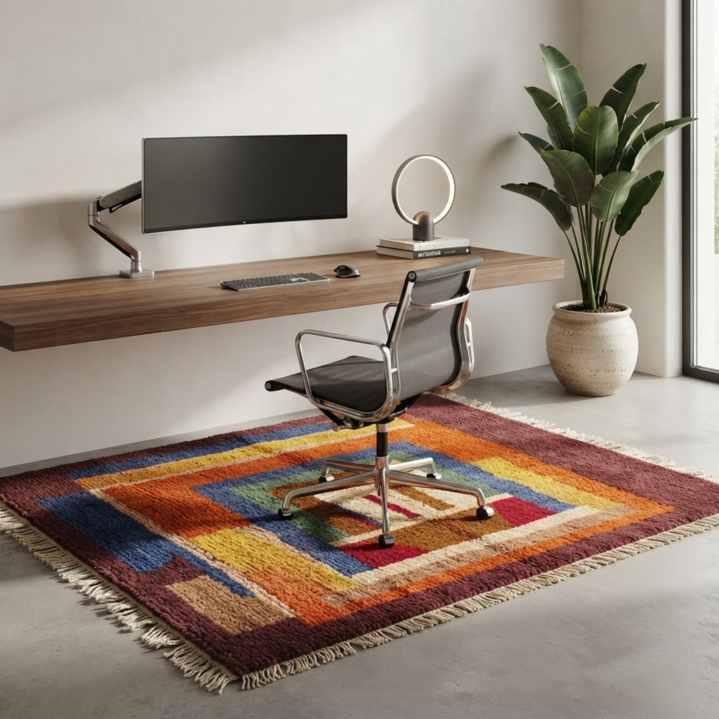 Handmade Moroccan Wool Rug Boujaad / Azilal Style | Concentric Portal Composition in Burnt Orange, Aubergine & Cobalt Blue Atlas Carpet