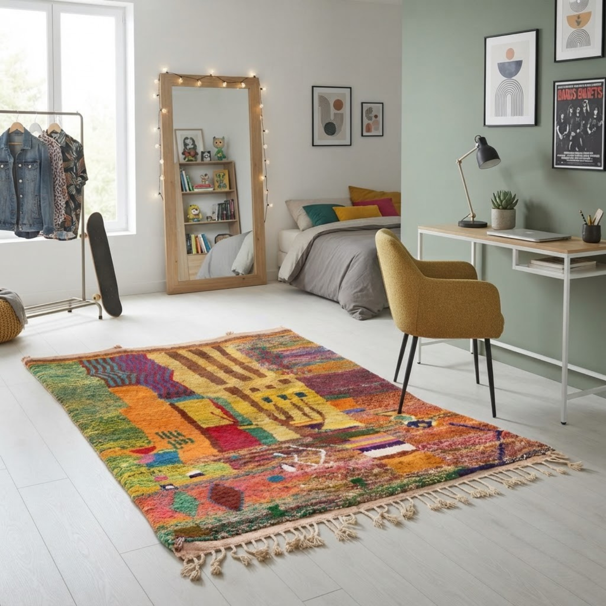 Handmade Moroccan Wool Rug Painterly Azilal Style | Abstract Expressionist Collage in Ochre, Terracotta & Jade Atlas Carpet