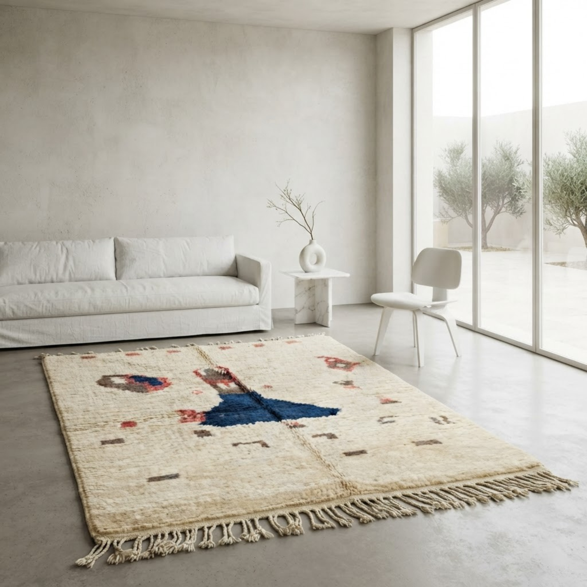 Handmade Moroccan Wool Rug Vintage Azilal Style | Central Totem Motif in Indigo Blue & Coral on Cream Atlas Carpet