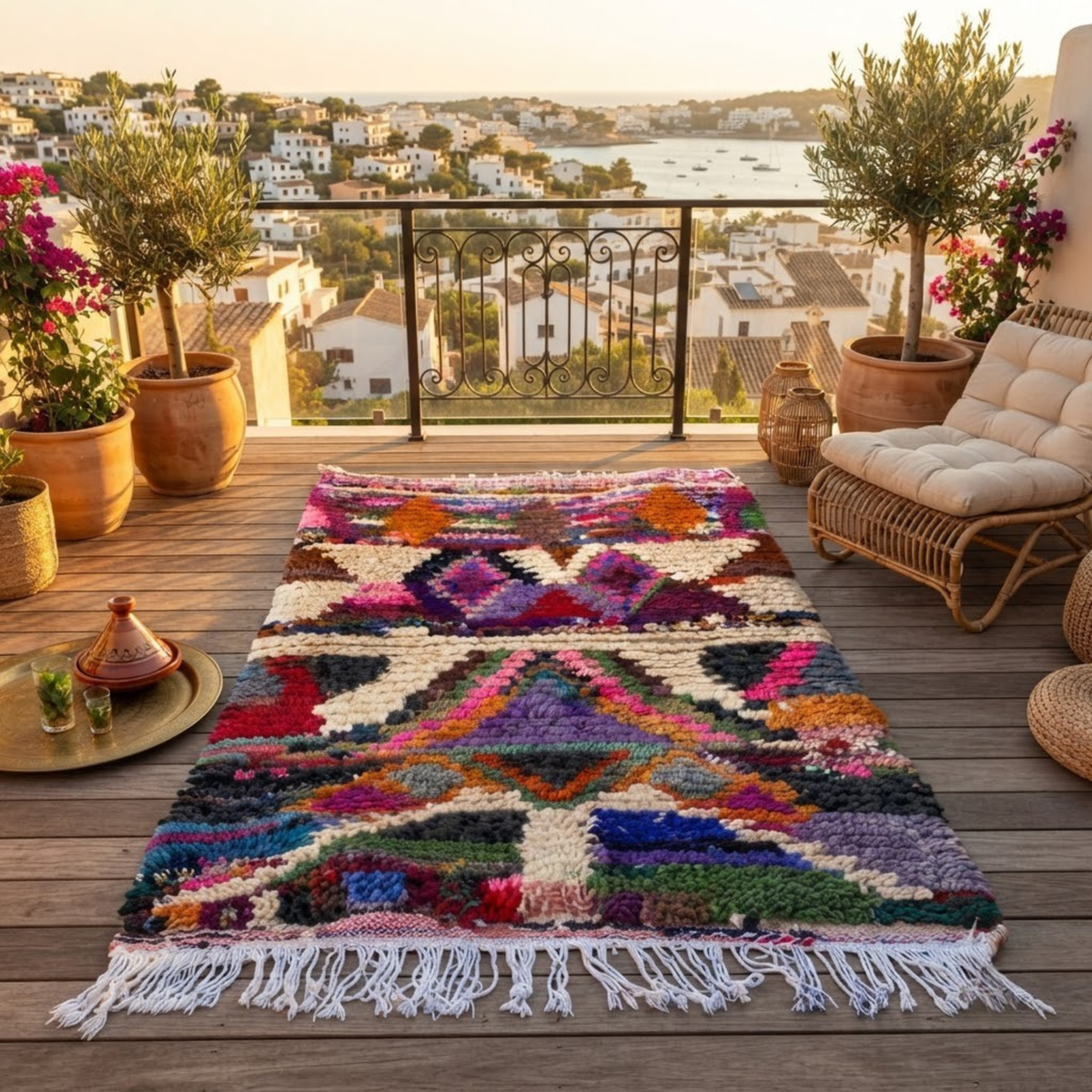 Handmade Moroccan Wool Rug Azilal / Boujaad Style | Sacred Tribal Pyramid & Diamond Motifs Atlas Carpet