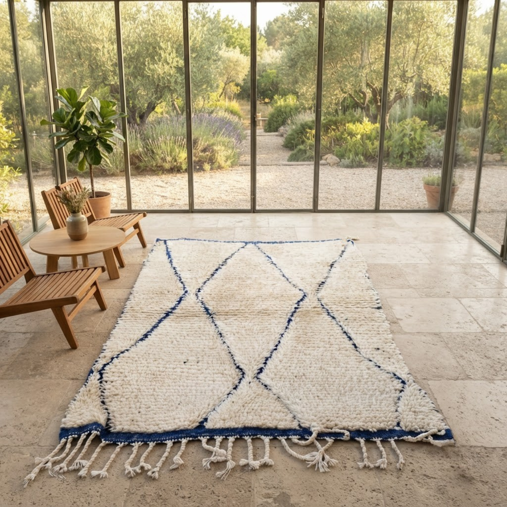 Handmade Moroccan Wool Rug Beni Ourain Style | Cobalt Blue Diamond Trellis on Natural Cream Atlas Carpet