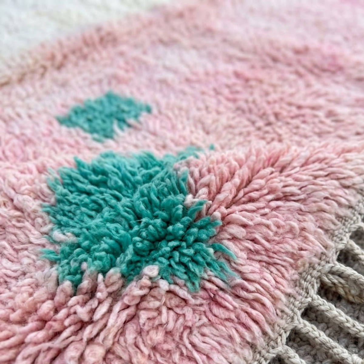 Handmade Moroccan Wool Rug Vintage Azilal / Boujaad Style | Abstract Pastel Blush, Emerald & Taupe Grey Atlas Carpet