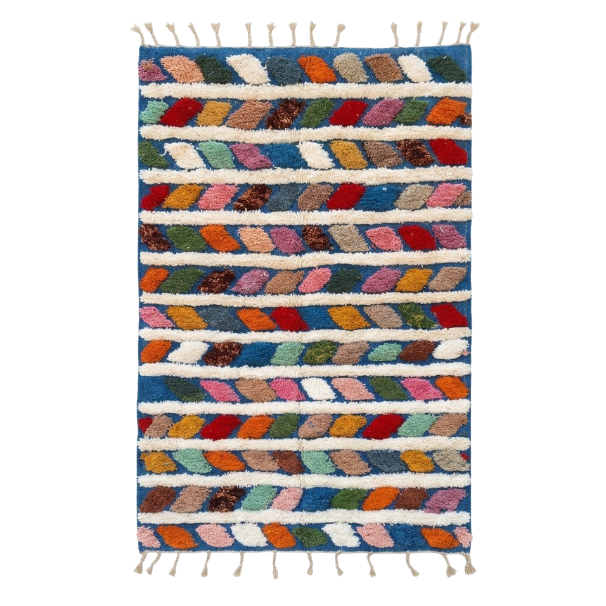 Handmade Moroccan Wool Rug Azilal Style | Multicolor Braided Herringbone on Ocean Blue & Ivory Atlas Carpet