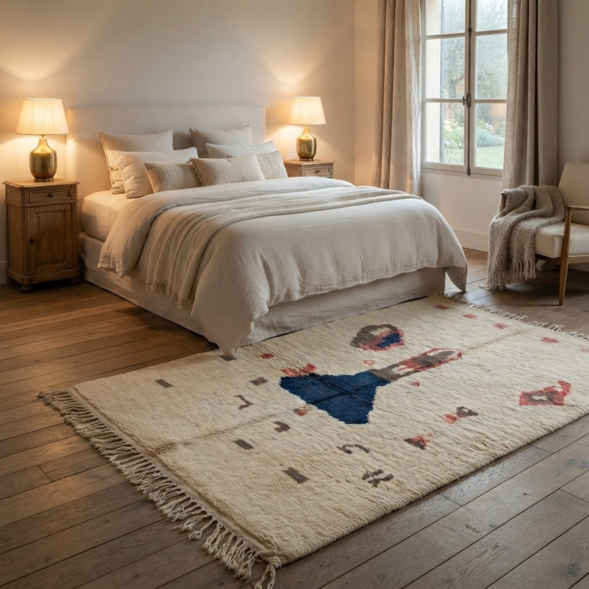 Handmade Moroccan Wool Rug Vintage Azilal Style | Central Totem Motif in Indigo Blue & Coral on Cream Atlas Carpet