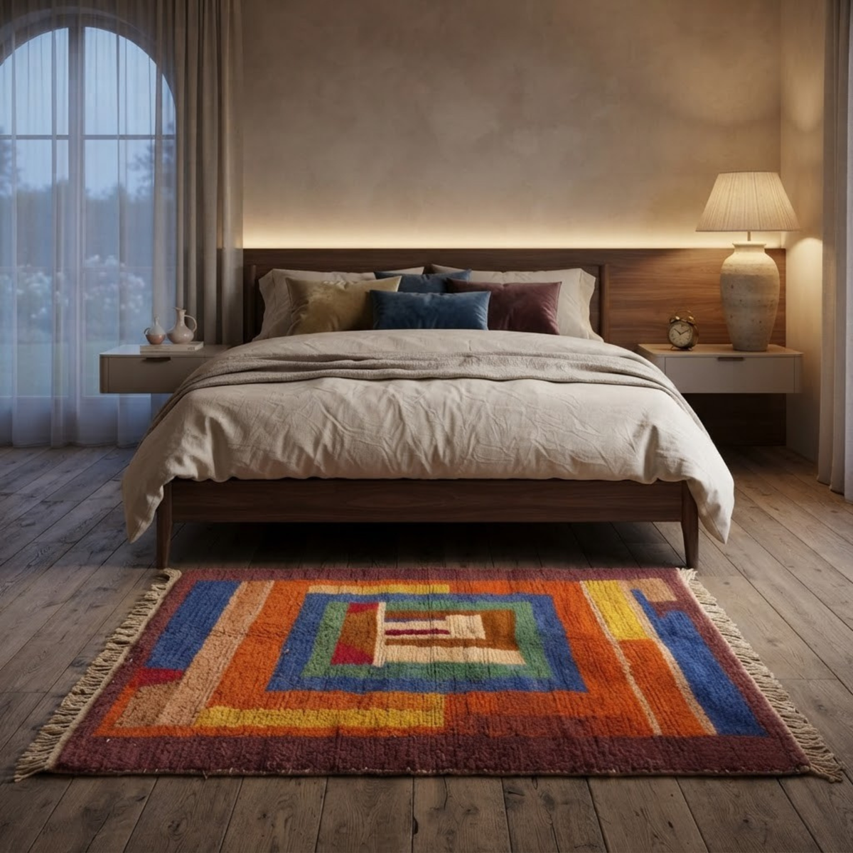 Handmade Moroccan Wool Rug Boujaad / Azilal Style | Concentric Portal Composition in Burnt Orange, Aubergine & Cobalt Blue Atlas Carpet