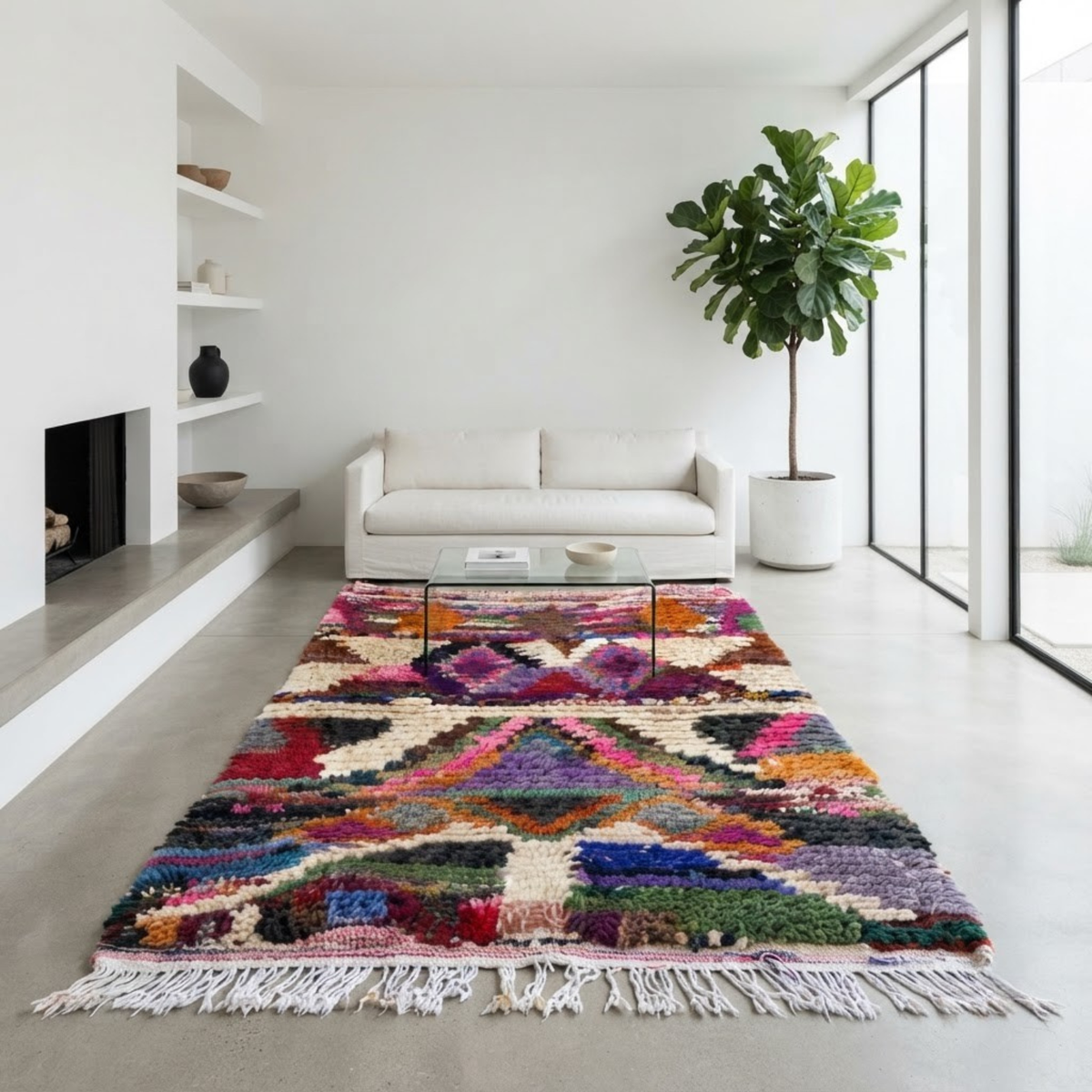 Handmade Moroccan Wool Rug Azilal / Boujaad Style | Sacred Tribal Pyramid & Diamond Motifs Atlas Carpet