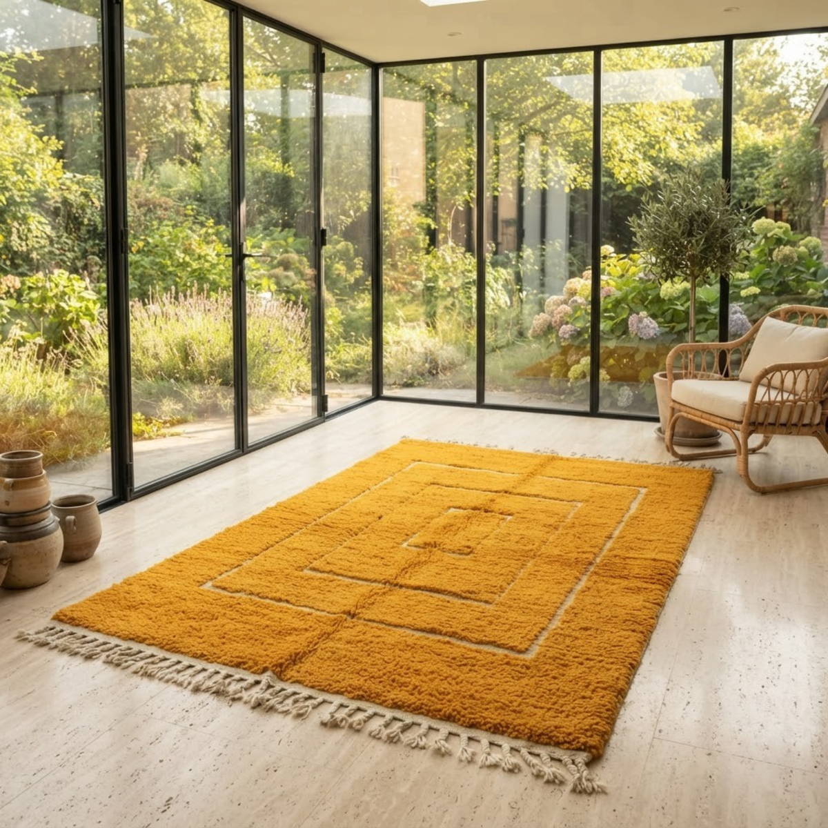 Handmade Moroccan Wool Rug Contemporary Beni Ourain Style | Concentric Rectangular Frames in Mustard Ochre & Ivory Atlas Carpet
