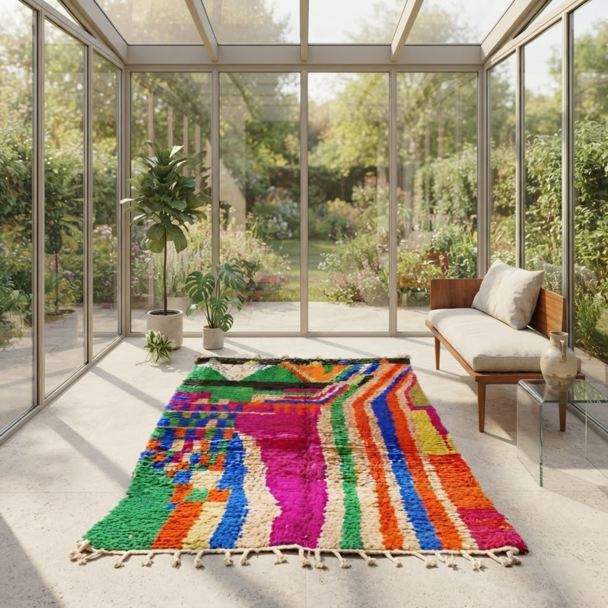 Handmade Moroccan Wool Rug Painterly Azilal / Boujaad Style | Abstract Expressionist Color Block in Fuchsia, Green & Orange Atlas Carpet