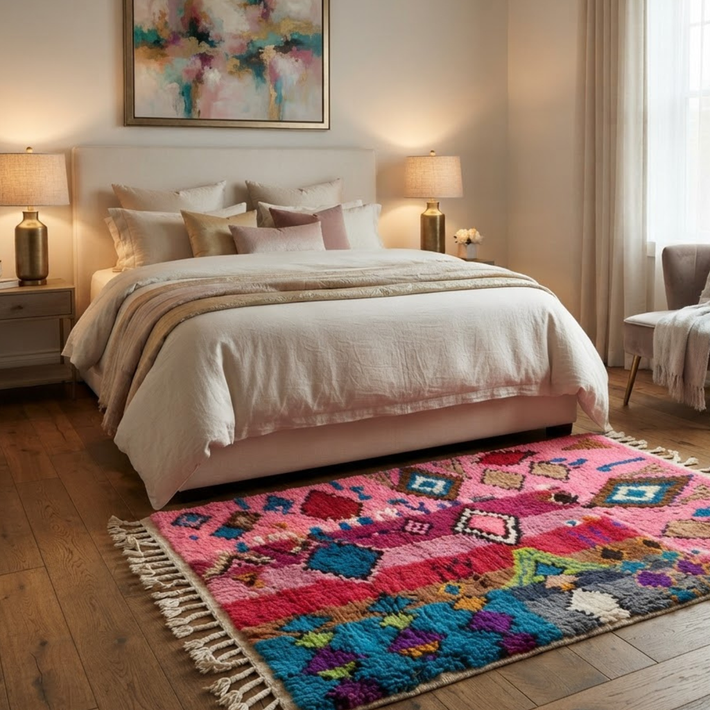 Handmade Moroccan Wool Rug Boujaad / Azilal Style | Tribal Diamond Talismans in Bubblegum Pink, Magenta & Turquoise Atlas Carpet