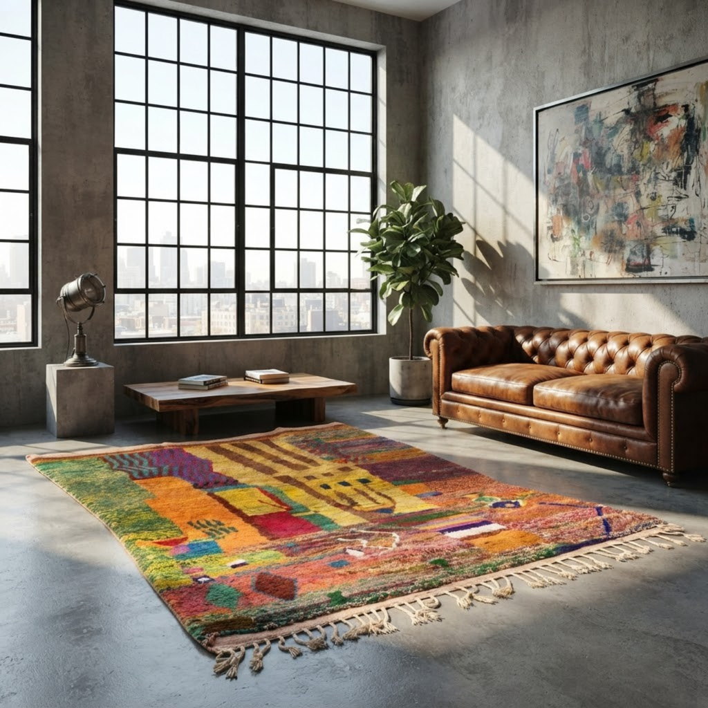 Handmade Moroccan Wool Rug Painterly Azilal Style | Abstract Expressionist Collage in Ochre, Terracotta & Jade Atlas Carpet