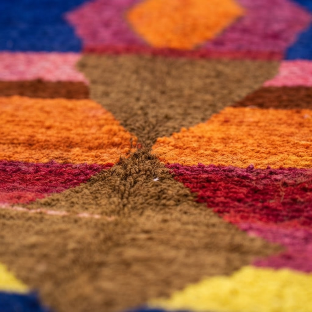 Handmade Moroccan Wool Rug Azilal / Boujaad Style | Central Totem Hourglass with Sunset Stripes & Cobalt Blue Atlas Carpet