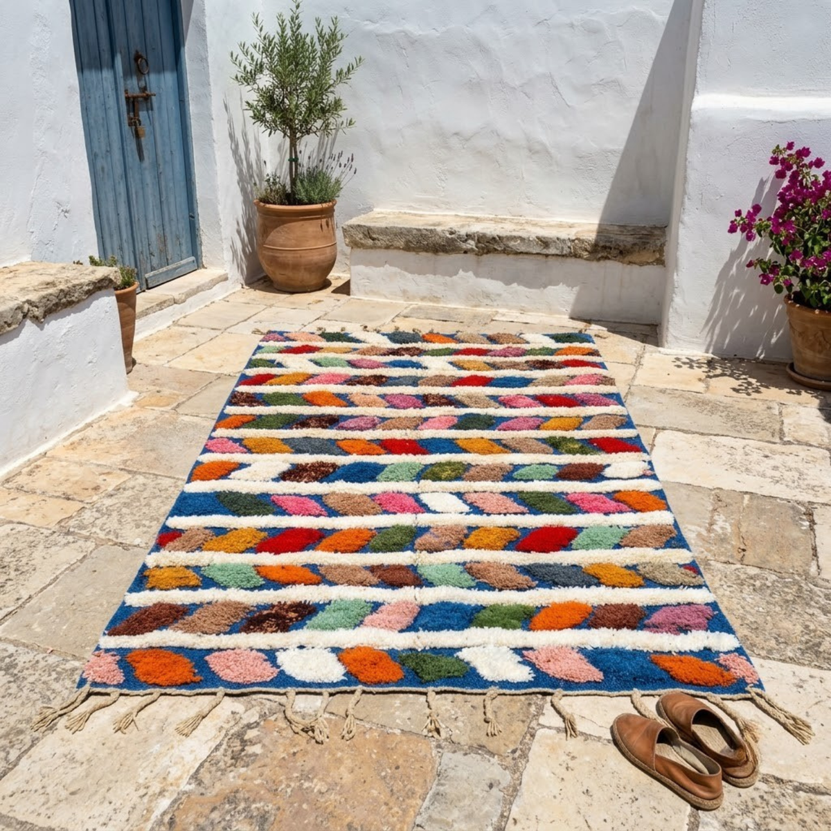 Handmade Moroccan Wool Rug Azilal Style | Multicolor Braided Herringbone on Ocean Blue & Ivory Atlas Carpet