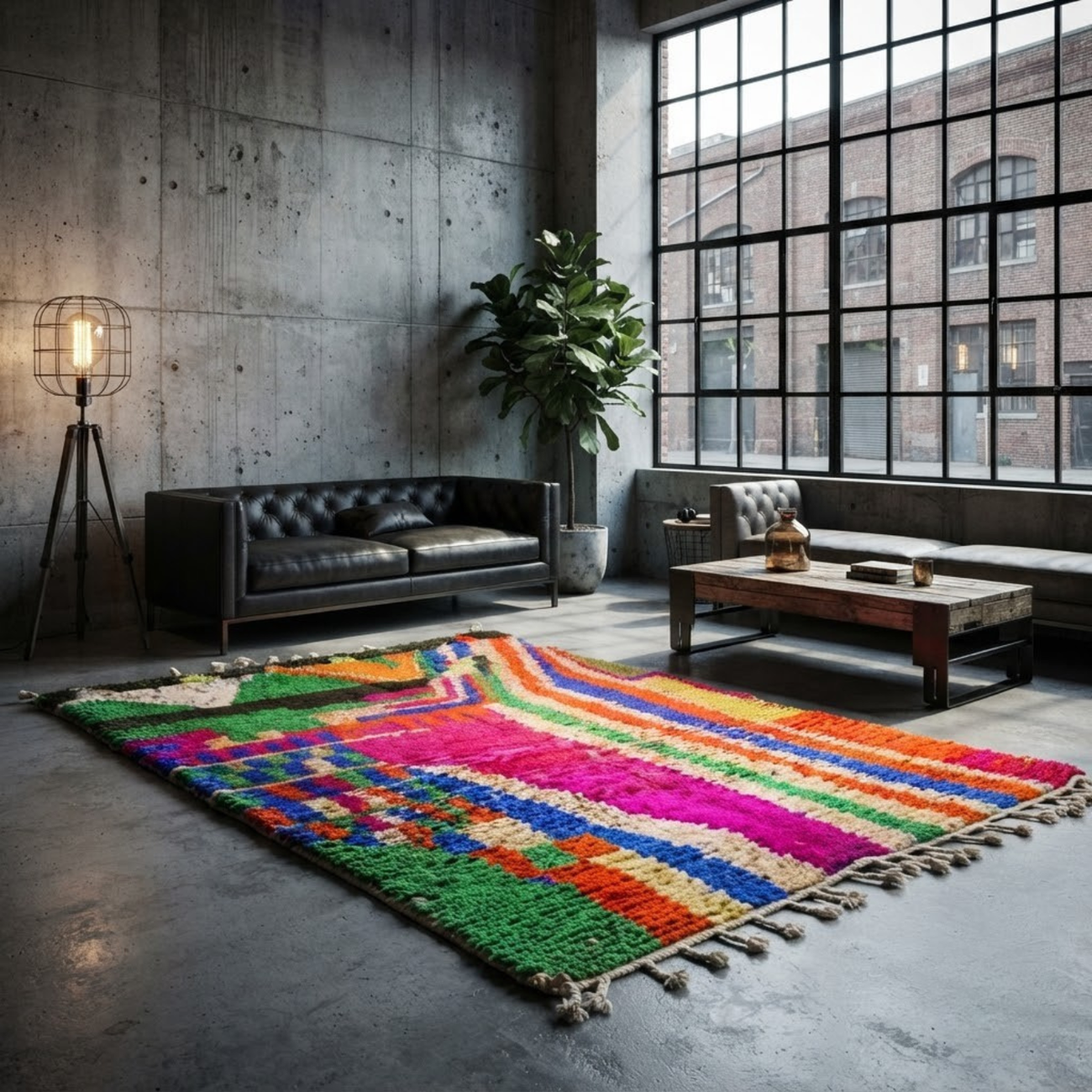 Handmade Moroccan Wool Rug Painterly Azilal / Boujaad Style | Abstract Expressionist Color Block in Fuchsia, Green & Orange Atlas Carpet