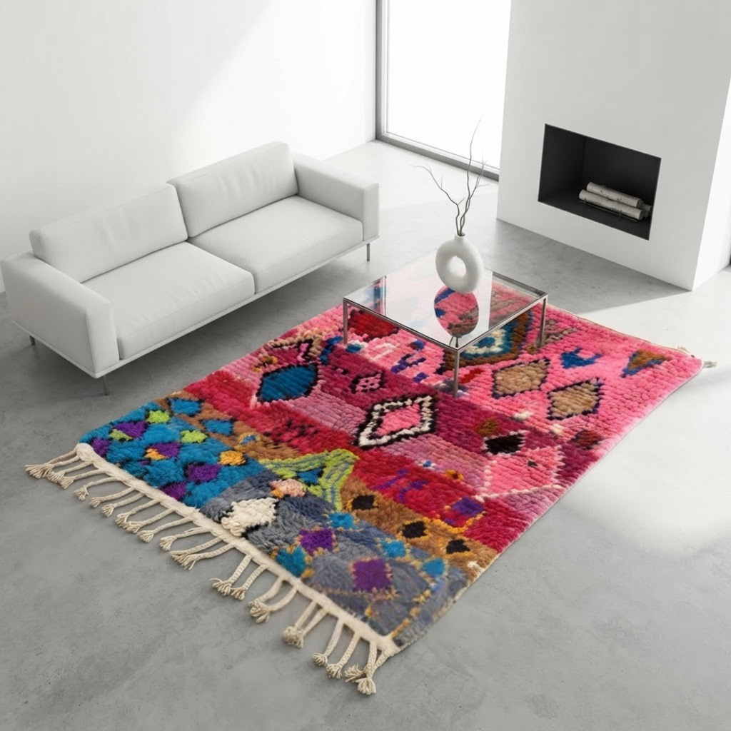 Handmade Moroccan Wool Rug Boujaad / Azilal Style | Tribal Diamond Talismans in Bubblegum Pink, Magenta & Turquoise Atlas Carpet
