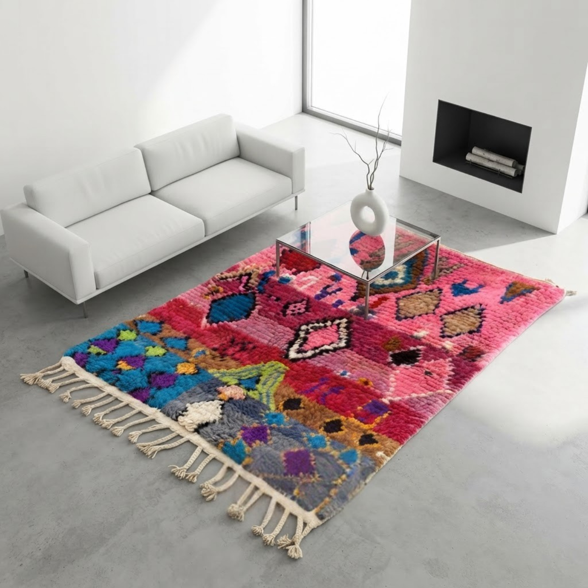Handmade Moroccan Wool Rug Boujaad / Azilal Style | Tribal Diamond Talismans in Bubblegum Pink, Magenta & Turquoise Atlas Carpet