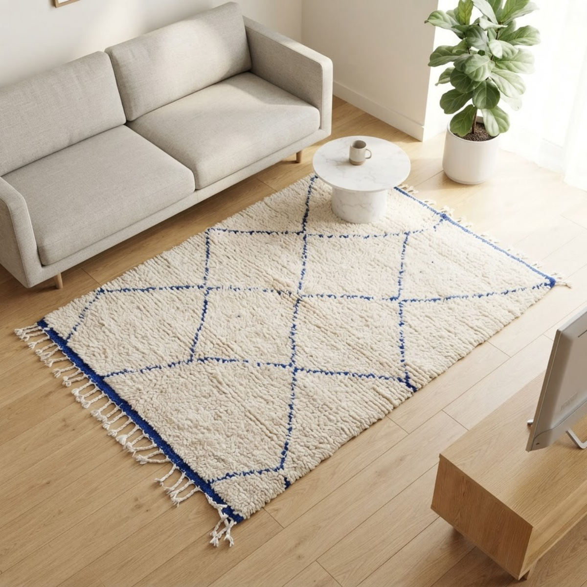 Handmade Moroccan Wool Rug Beni Ourain Style | Cobalt Blue Diamond Trellis on Natural Cream Atlas Carpet