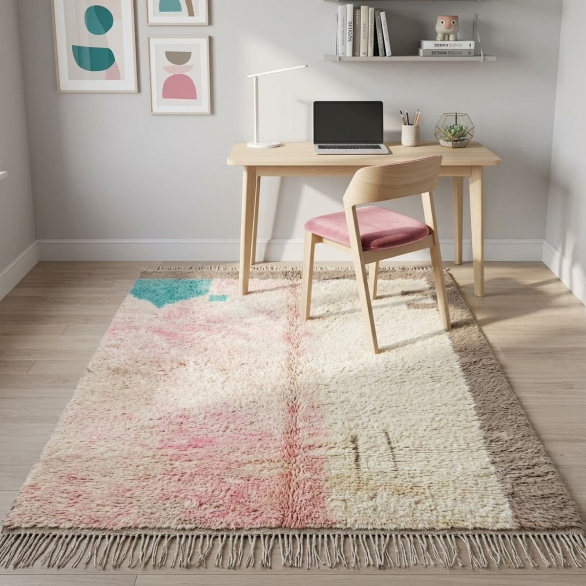 Handmade Moroccan Wool Rug Vintage Azilal / Boujaad Style | Abstract Pastel Blush, Emerald & Taupe Grey Atlas Carpet