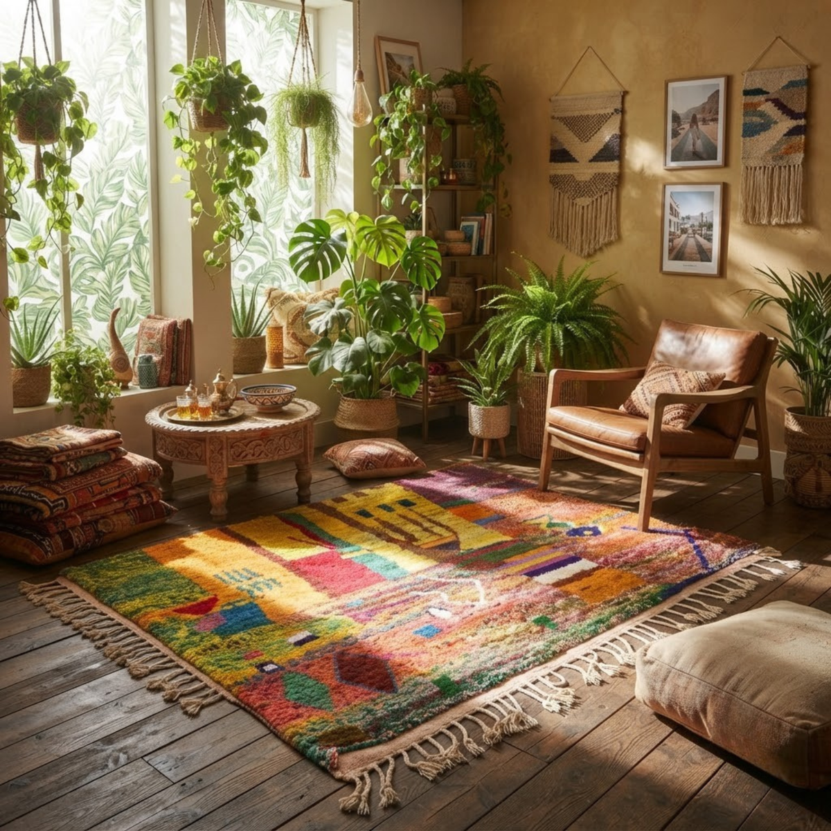 Handmade Moroccan Wool Rug Painterly Azilal Style | Abstract Expressionist Collage in Ochre, Terracotta & Jade Atlas Carpet