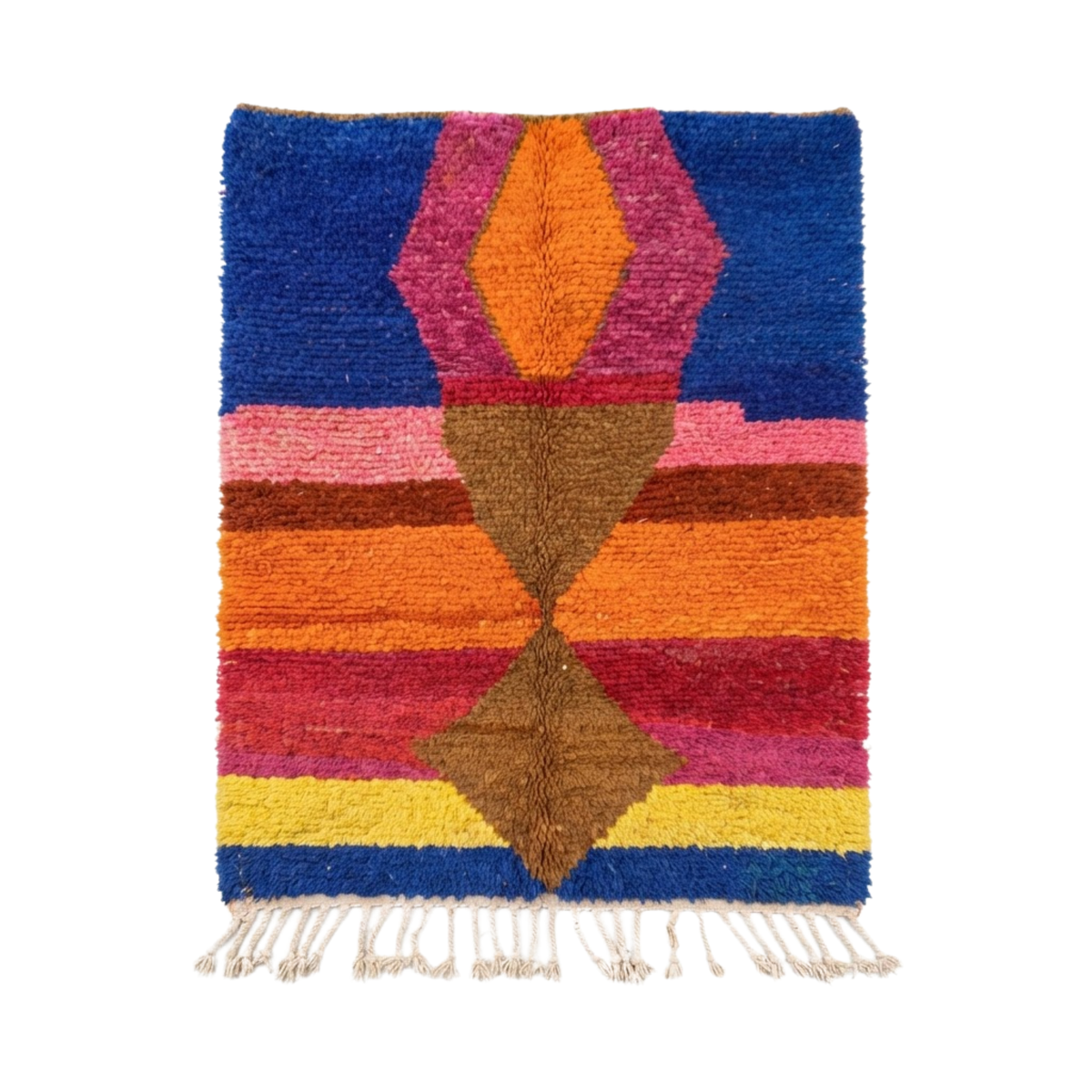 Handmade Moroccan Wool Rug Azilal / Boujaad Style | Central Totem Hourglass with Sunset Stripes & Cobalt Blue Atlas Carpet