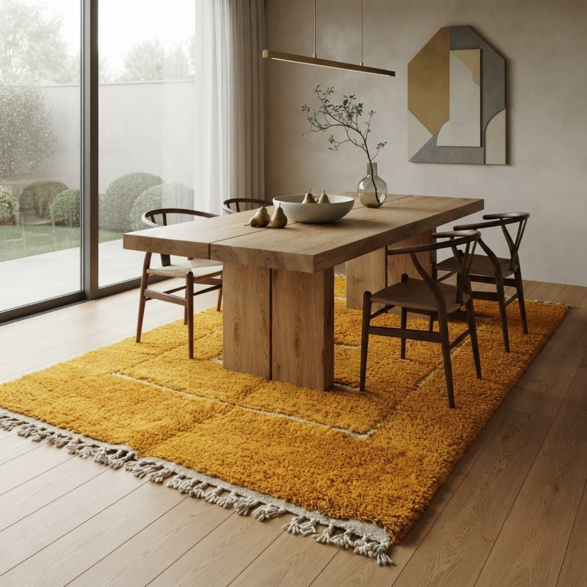 Handmade Moroccan Wool Rug Contemporary Beni Ourain Style | Concentric Rectangular Frames in Mustard Ochre & Ivory Atlas Carpet