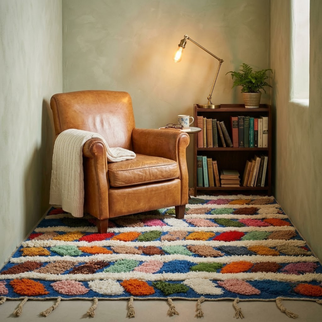 Handmade Moroccan Wool Rug Azilal Style | Multicolor Braided Herringbone on Ocean Blue & Ivory Atlas Carpet