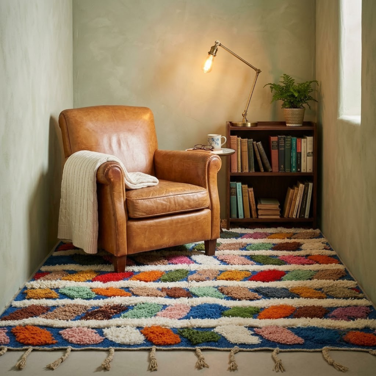 Handmade Moroccan Wool Rug Azilal Style | Multicolor Braided Herringbone on Ocean Blue & Ivory Atlas Carpet