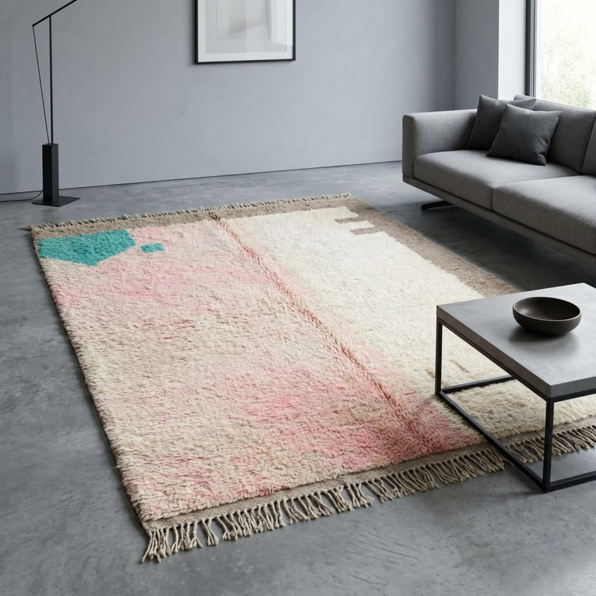 Handmade Moroccan Wool Rug Vintage Azilal / Boujaad Style | Abstract Pastel Blush, Emerald & Taupe Grey Atlas Carpet